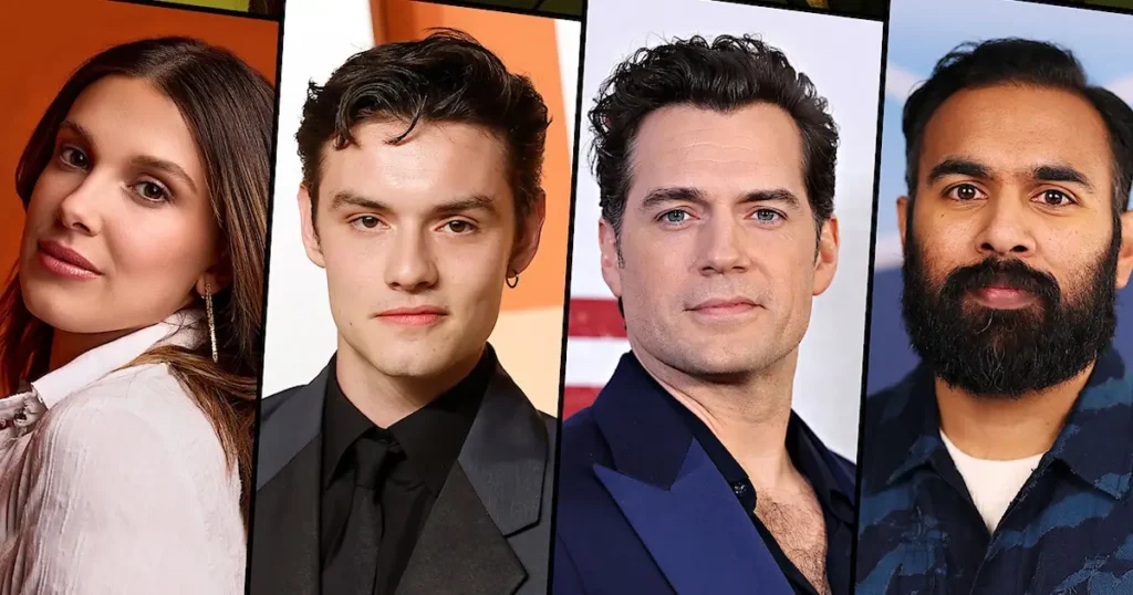 Elenco de Enola Holmes 3 com Millie Bobby Brown, Louis Partridge, Henry Cavill e Himesh Patel em mosaico fotográfico dos lançamentos da Netflix 2026