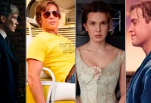 Montagem com Cillian Murphy em Peaky Blinders, Brad Pitt em As Aventuras de Cliff Booth, Millie Bobby Brown em Enola Holmes e cena de Heartstopper, destacando Netflix 2026: Os Filmes Mais Aguardados do Ano.