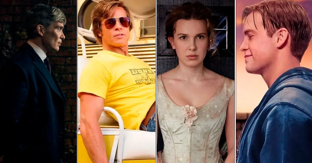 Montagem com Cillian Murphy em Peaky Blinders, Brad Pitt em As Aventuras de Cliff Booth, Millie Bobby Brown em Enola Holmes e cena de Heartstopper, destacando Netflix 2026: Os Filmes Mais Aguardados do Ano.