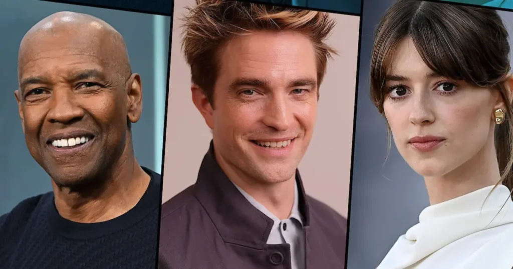 Elenco de Here Comes the Flood com Denzel Washington, Robert Pattinson e Daisy Edgar-Jones em mosaico fotográfico das novidades da Netflix 2026 dirigido por Fernando Meirelles