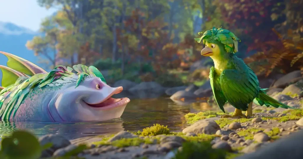 Cena colorida do filme Swapped, mostrando um peixe mágico sorridente conversando com um pássaro verde à beira de um rio, em uma das animações da Netflix em 2026.