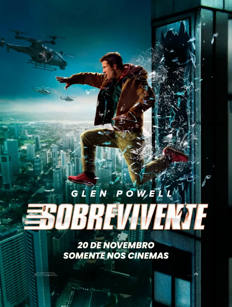 Pôster oficial de "Sobrevivente" (The Running Man) com Glen Powell pulando de arranha-céu e helicópteros, anunciando a data de lançamento: 20 de novembro.