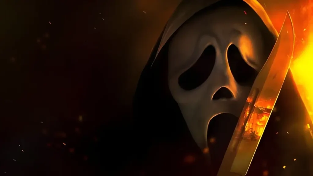Máscara icônica Ghostface com faca ensanguentada em chamas em Pânico 7, filme de terror slasher que chega nos cinemas em 2026