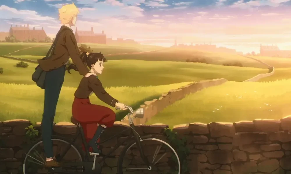 pelo prisma do amor 2026 Cena do anime “Pelo Prisma do Amor” da Netflix, com dois jovens pedalando por um campo ao pôr do sol; estreia em 15 de janeiro de 2026.