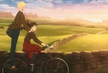 Cena do anime “Pelo Prisma do Amor” da Netflix, com dois jovens pedalando por um campo ao pôr do sol; estreia em 15 de janeiro de 2026.