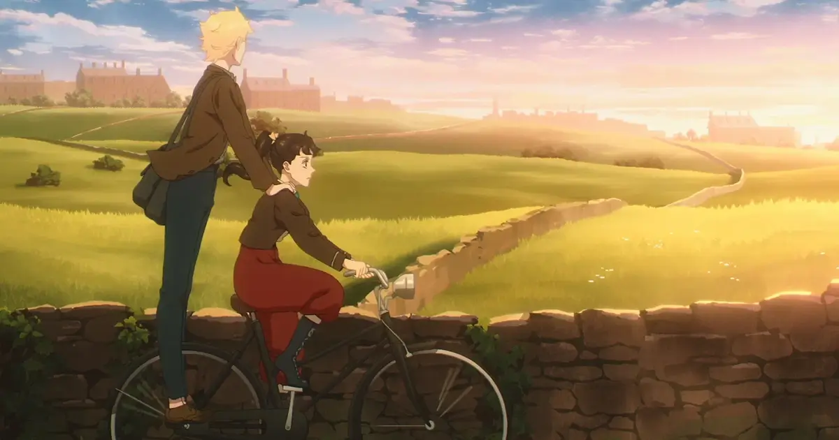 Cena do anime “Pelo Prisma do Amor” da Netflix, com dois jovens pedalando por um campo ao pôr do sol; estreia em 15 de janeiro de 2026.