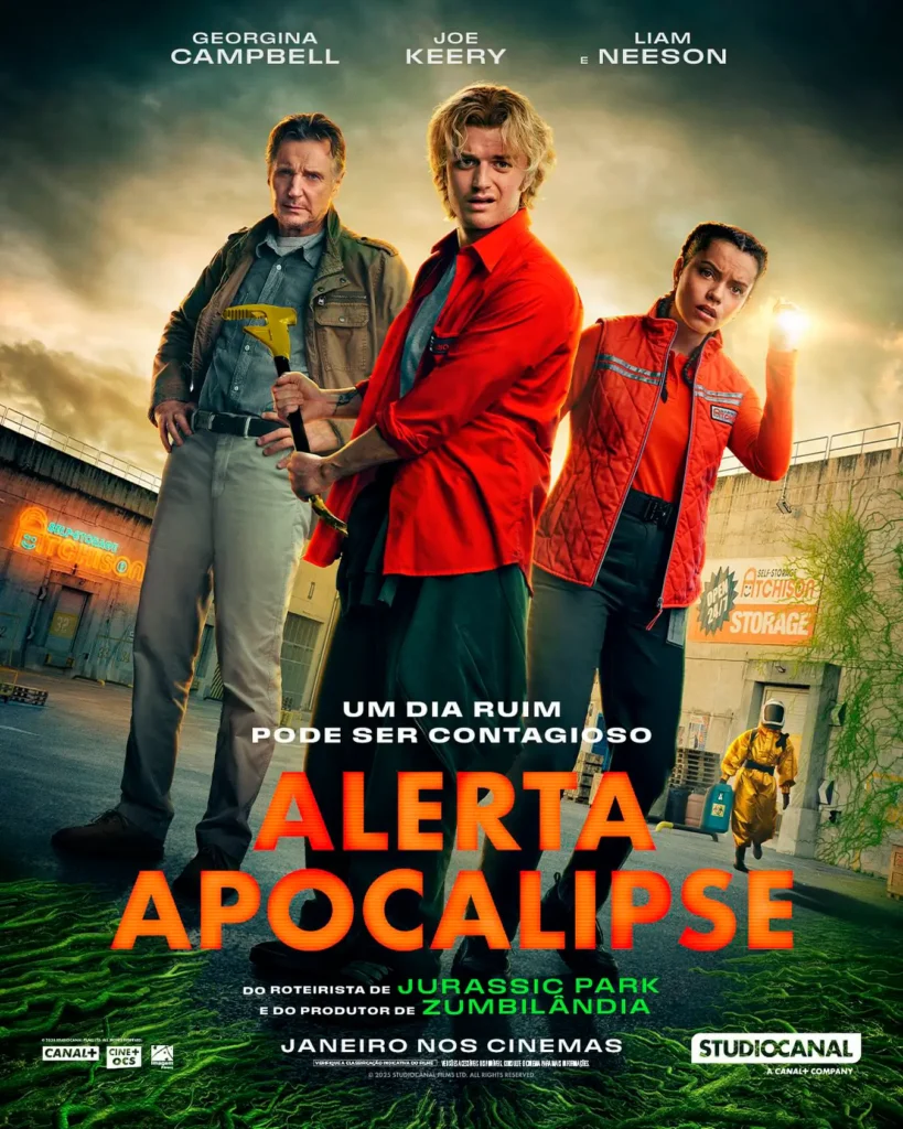 poster de alerta apocalipse 2026 Pôster oficial de “Alerta Apocalipse” (2026), com Georgina Campbell, Joe Keery e Liam Neeson em destaque.