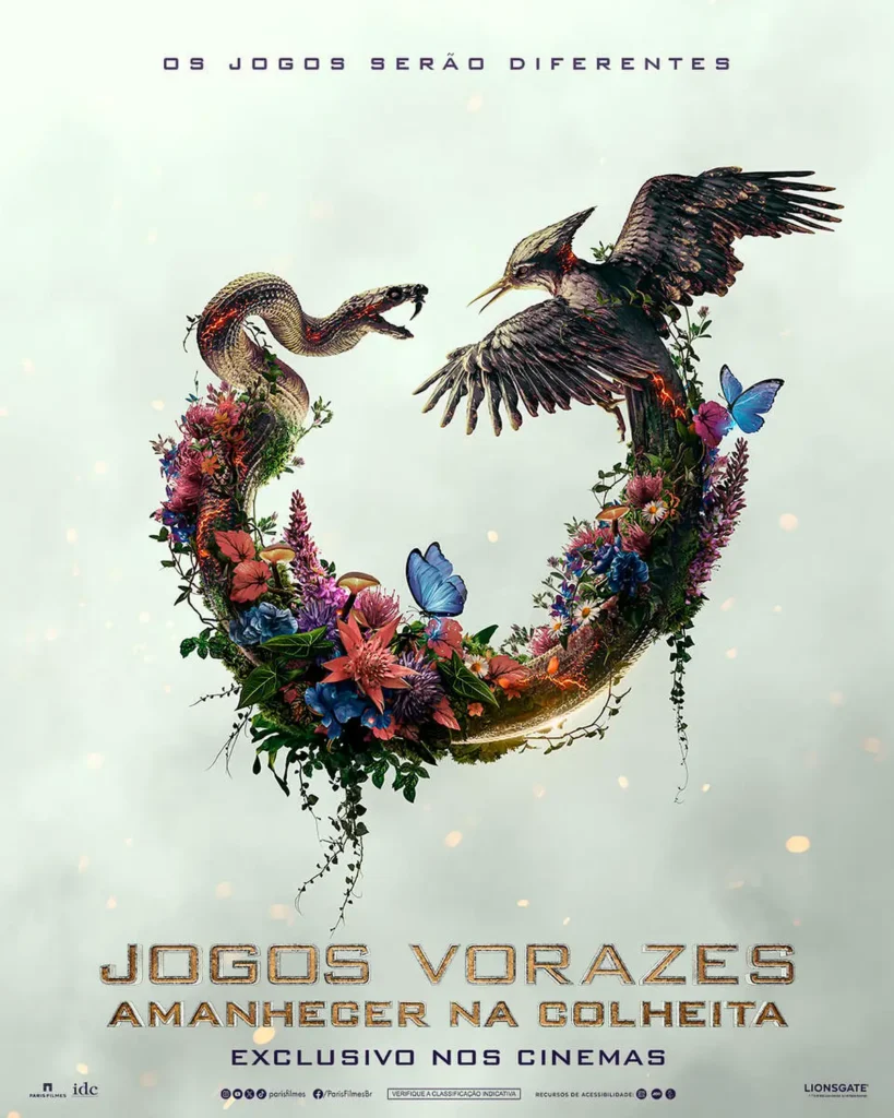 Pôster oficial de Jogos Vorazes: Amanhecer na Colheita mostrando serpente e pássaro em combate formando símbolo circular com flores e borboletas