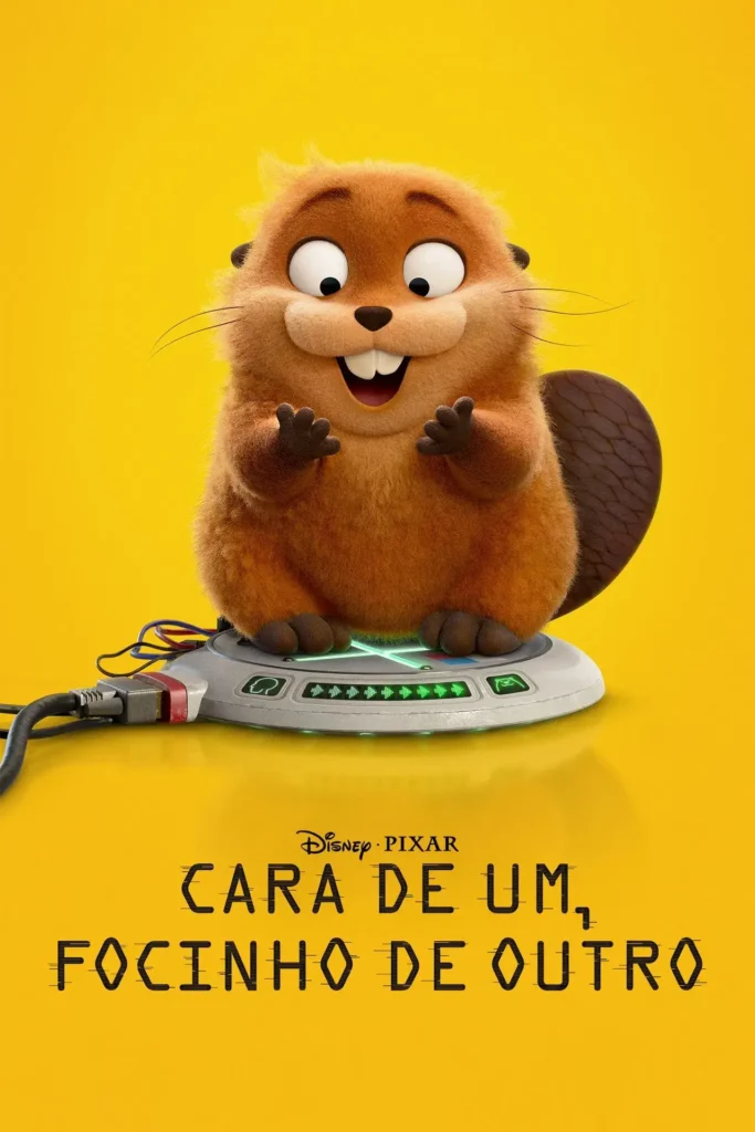poster hoppers pixar Pôster de Cara de Um, Focinho de Outro exibindo o castor fofinho da nova animação da Pixar sobre uma plataforma tecnológica, com fundo amarelo.