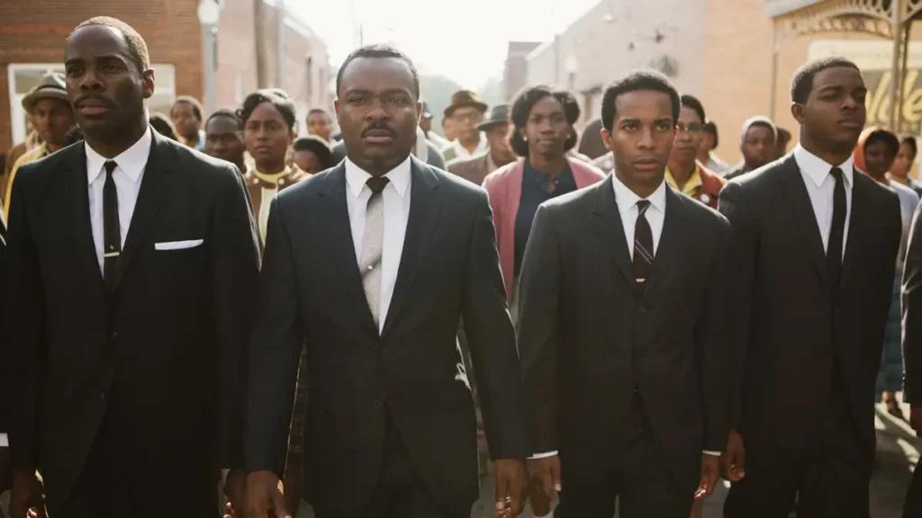 selma uma luta pela igualdade 2014 filme Colman Domingo, David Oyelowo, André Holland e Stephan James marchando em cena de Selma: Uma Luta Pela Igualdade