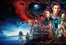 Arte oficial da 4ª temporada de Stranger Things com Eleven, Max, Hopper e o elenco enfrentando a ameaça de Vecna.