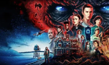 Arte oficial da 4ª temporada de Stranger Things com Eleven, Max, Hopper e o elenco enfrentando a ameaça de Vecna.