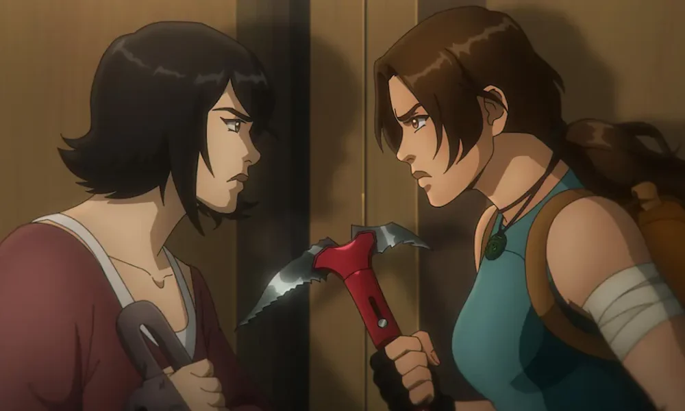 Lara Croft e Sam Nishimura em cena da temporada 2 de Tomb Raider A Lenda de Lara Croft série Netflix animação