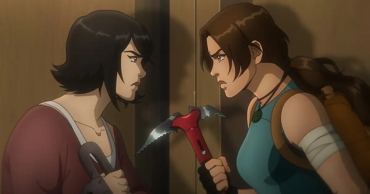 Lara Croft e Sam Nishimura em cena da temporada 2 de Tomb Raider A Lenda de Lara Croft série Netflix animação