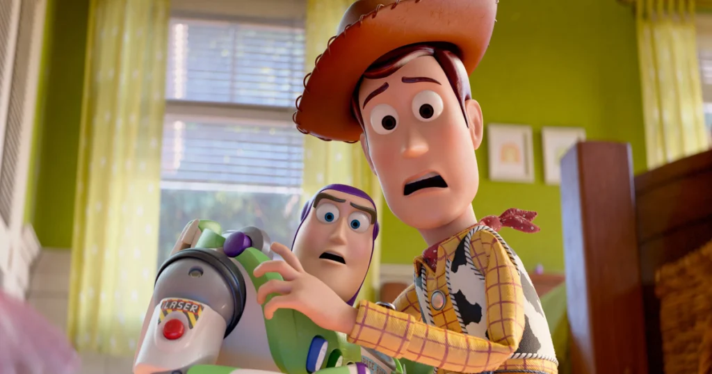 toy story 5 2026 Woody e Buzz Lightyear surpresos em arte promocional, representando a expectativa técnica para Toy Story 5 (2026) com IA e ray tracing avançado.
