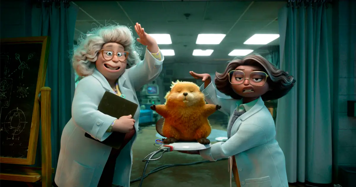 Cientistas apresentam um castor fofinho em cena da animação Cara de Um, Focinho de Outro (Hoppers), nova produção da Pixar com estreia em 05 de março no Brasil.