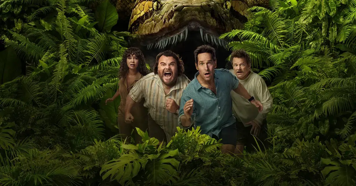Bilheteria de Anaconda (2025): Steve Zahn, Jack Black, Thandiwe Newton e Paul Rudd fogem de uma anaconda gigante em cena promocional do filme
