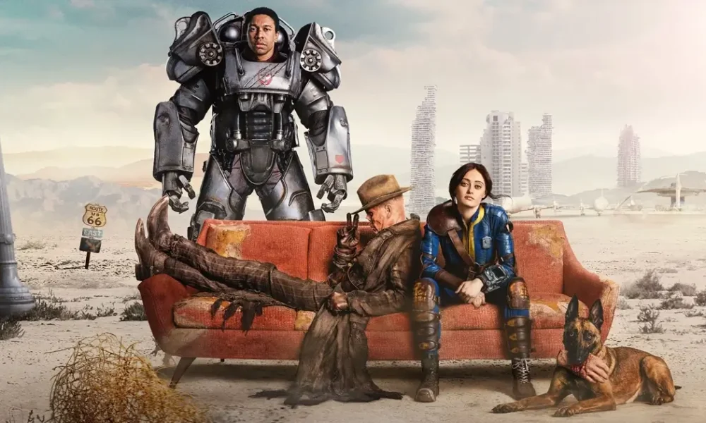 Ella Purnell como Lucy MacLean, Aaron Moten como Maximus e Walton Goggins como The Ghoul em cena promocional — Resumo da 1ª temporada de Fallout.