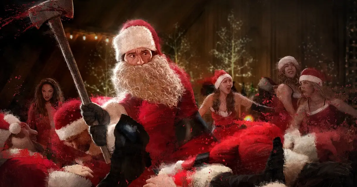 Cena violenta de Natal Sangrento (2025), com Papai Noel empunhando um machado em meio ao caos, destacada no artigo 10 Filmes de Natal Proibidos para Crianças.