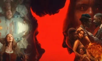 Montagem com três pôsteres dos melhores cartazes do cinema em 2025, incluindo O Testamento de Ann Lee, Invocação do Mal 4 e Pecadores