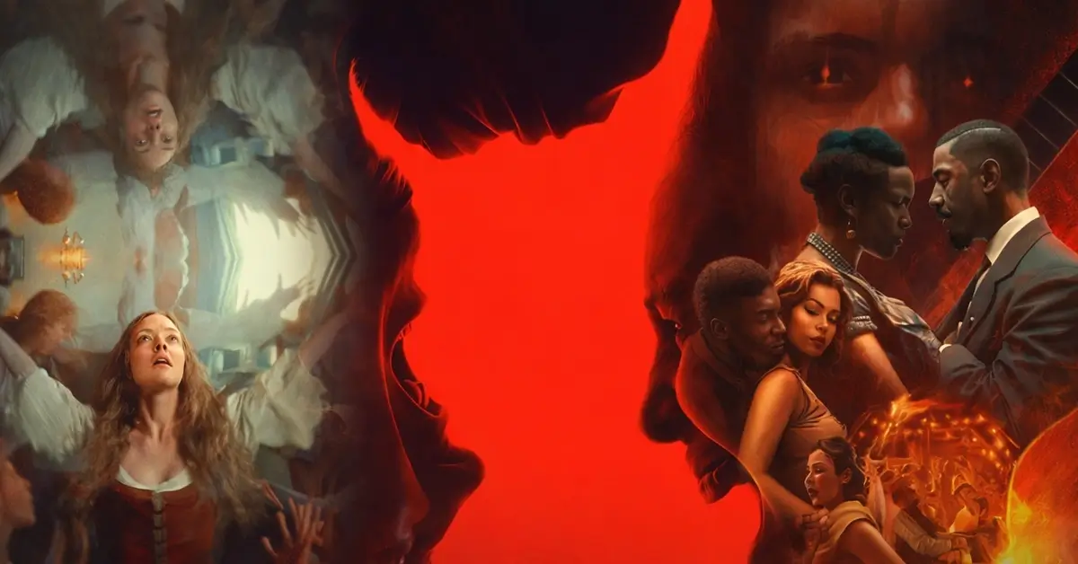 Montagem com três pôsteres dos melhores cartazes do cinema em 2025, incluindo O Testamento de Ann Lee, Invocação do Mal 4 e Pecadores