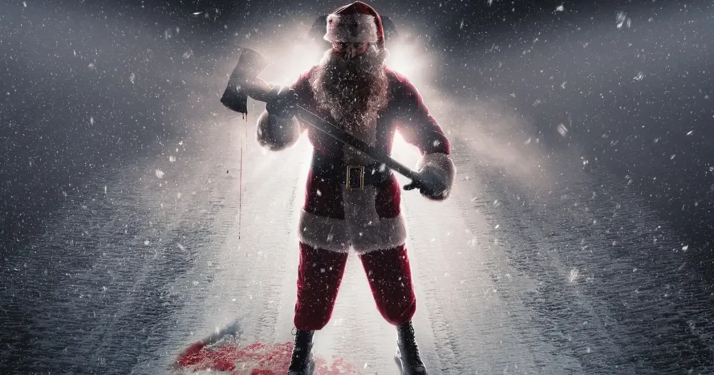 natal sangrento 2025 Rohan Campbell vestido como Papai Noel segurando um machado ensanguentado em Natal Sangrento (2025), um filme de Natal violento com temas de vingança e forte carga de terror.