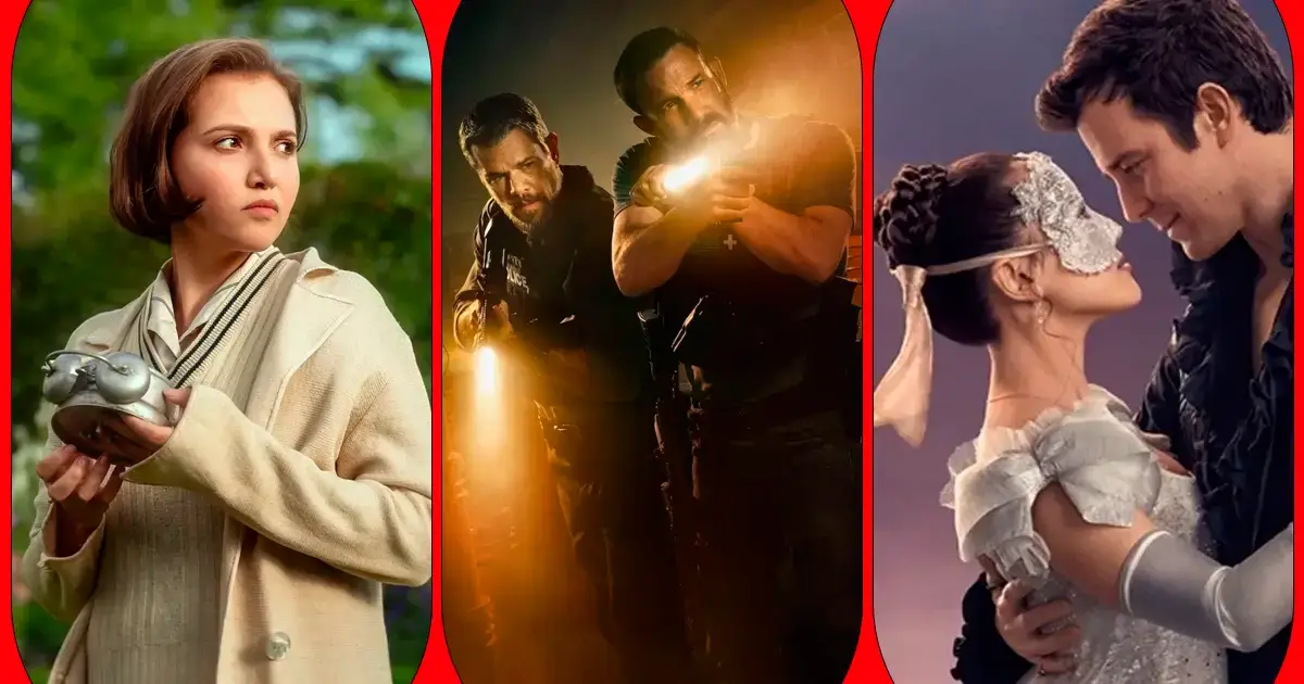 netflix em janeiro de 2026 Cena de Os Sete Relógios, Dinheiro Suspeito e Bridgerton: Temporada 4, produções em destaque da Netflix em janeiro de 2026, reunidas em imagem promocional.