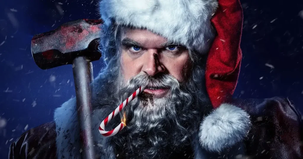 noite infeliz David Harbour como Papai Noel violento em Noite Infeliz 2022, filme de ação natalino com violência