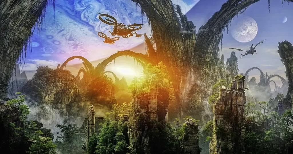 pandora avatar 2009 lua viva james cameron Paisagem de Pandora em Avatar (2009), com formações rochosas flutuantes, vegetação exuberante e presença humana durante a exploração da lua