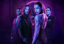 Imagem promocional de Bailarina: Do Universo de John Wick (2025), destaque do catálogo da Prime Video em janeiro de 2026, com visual neon e personagens armados.