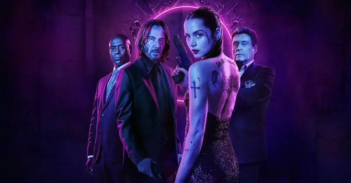 Imagem promocional de Bailarina: Do Universo de John Wick (2025), destaque do catálogo da Prime Video em janeiro de 2026, com visual neon e personagens armados.