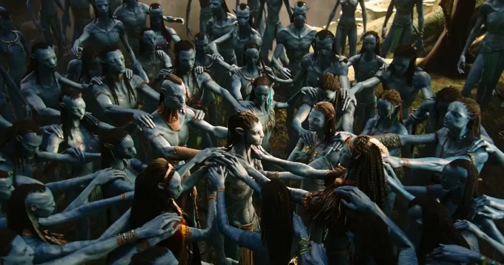 ritual navi conexao eywa avatar 2009 Na’vi reunidos em ritual espiritual em Avatar (2009), simbolizando a conexão coletiva com Eywa e a interligação entre todos os membros do clã