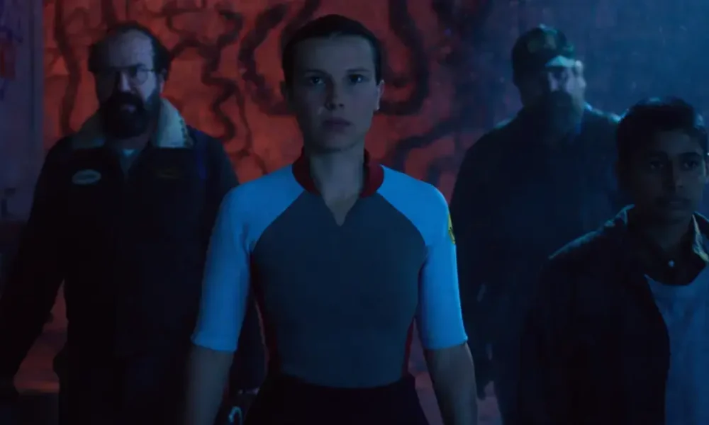 Cena do trailer do episódio final de Stranger Things 5, com Eleven e o grupo enfrentando o confronto decisivo na temporada final da série da Netflix.