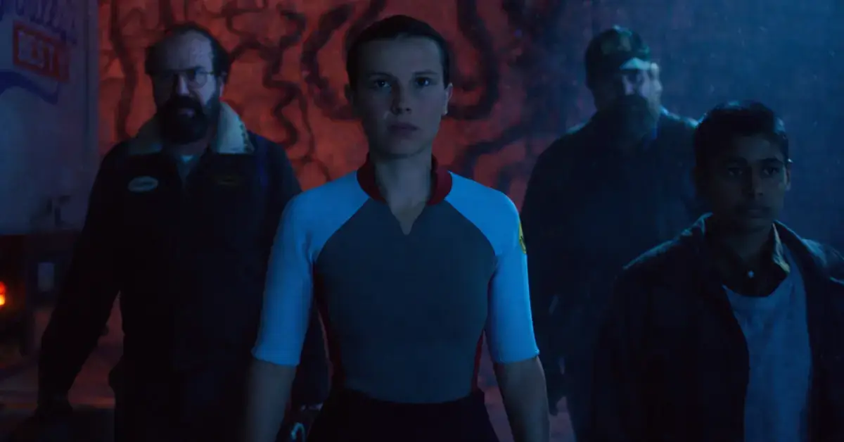 Cena do trailer do episódio final de Stranger Things 5, com Eleven e o grupo enfrentando o confronto decisivo na temporada final da série da Netflix.