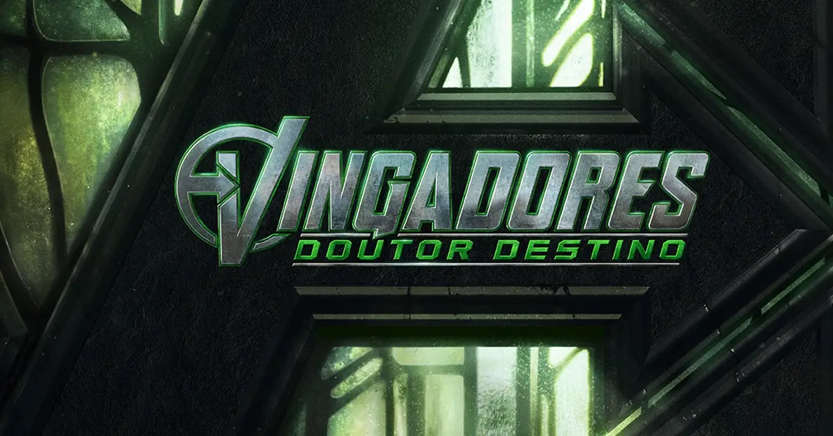 Logo oficial do teaser de Vingadores: Doutor Destino (2026), com título metálico em verde e fundo estilizado.