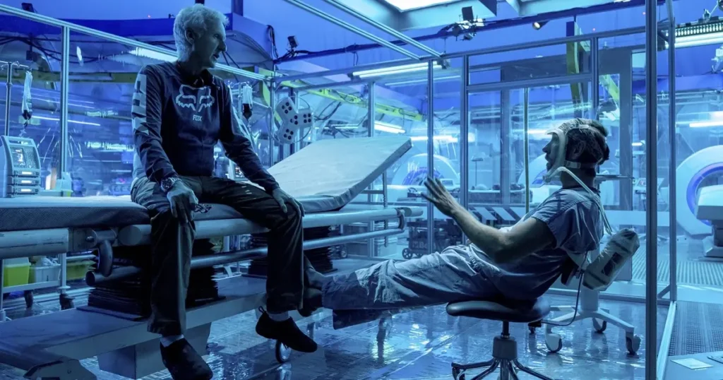 tecnologia de avatar James Cameron dirige Sam Worthington no set de Avatar: O Caminho da Água (2022), durante gravações com tecnologia avançada de captura de performance
