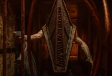 Pyramid Head em corredor macabro em cena de Terror em Silent Hill: Regresso Para o Inferno (2026), dirigido por Christophe Gans.