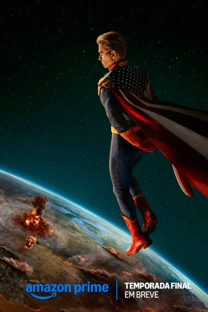 Antony Starr como Capitão Pátria flutuando sobre a Terra em pôster oficial de The Boys 5 – Temporada Final.