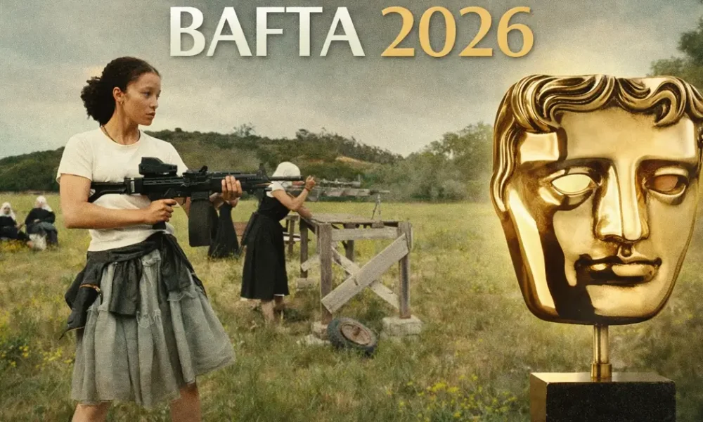 bafta 2026 Cena do filme Uma Batalha Após a Outra ao lado do troféu do BAFTA em arte especial dos indicados ao BAFTA 2026.