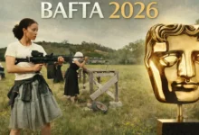 Cena do filme Uma Batalha Após a Outra ao lado do troféu do BAFTA em arte especial dos indicados ao BAFTA 2026.