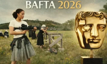 Cena do filme Uma Batalha Após a Outra ao lado do troféu do BAFTA em arte especial dos indicados ao BAFTA 2026.