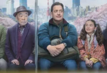 Brendan Fraser contracena com Shannon Mahina Gorman e Mari Yamamoto em cena de Família de Aluguel (2025), filme que integra as estreias de 08 de janeiro de 2026.