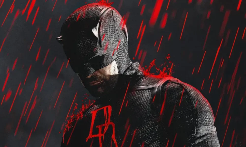 demolidor renascido temporada 2 Demolidor em pôster promocional da série Demolidor: Renascido – Temporada 2, com chuva vermelha e visual sombrio.