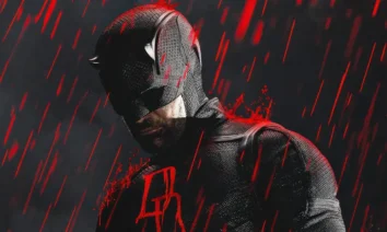 Demolidor em pôster promocional da série Demolidor: Renascido – Temporada 2, com chuva vermelha e visual sombrio.