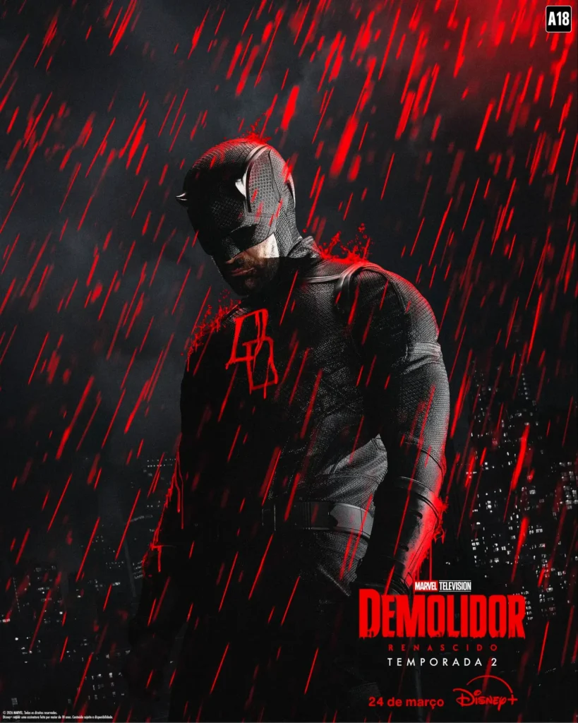 demolidor renascido temporada 2 poster Pôster oficial de Demolidor: Renascido – Temporada 2, com o herói sob chuva vermelha em clima sombrio.