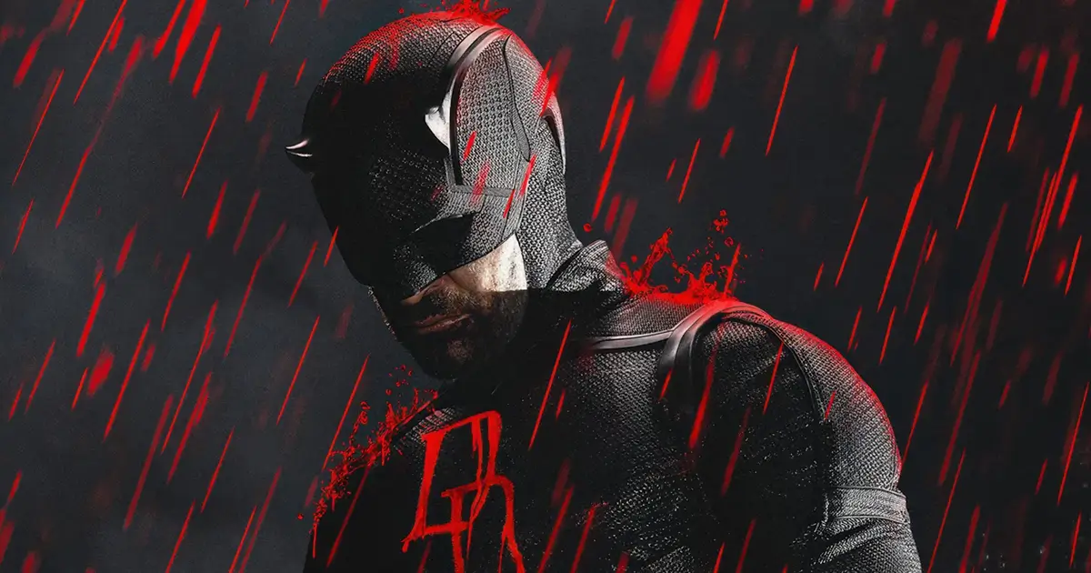 Demolidor em pôster promocional da série Demolidor: Renascido – Temporada 2, com chuva vermelha e visual sombrio.