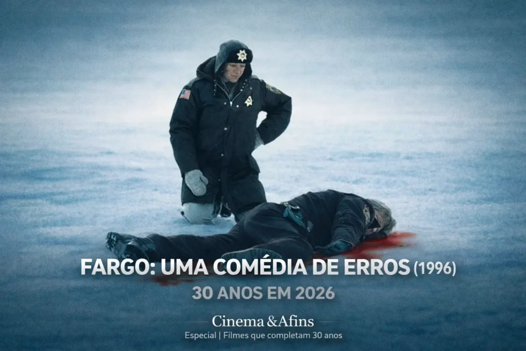 Cena de Fargo 1996 com Frances McDormand como chefe de polícia Marge Gunderson na neve, filme dos irmãos Coen que completa 30 anos em 2026