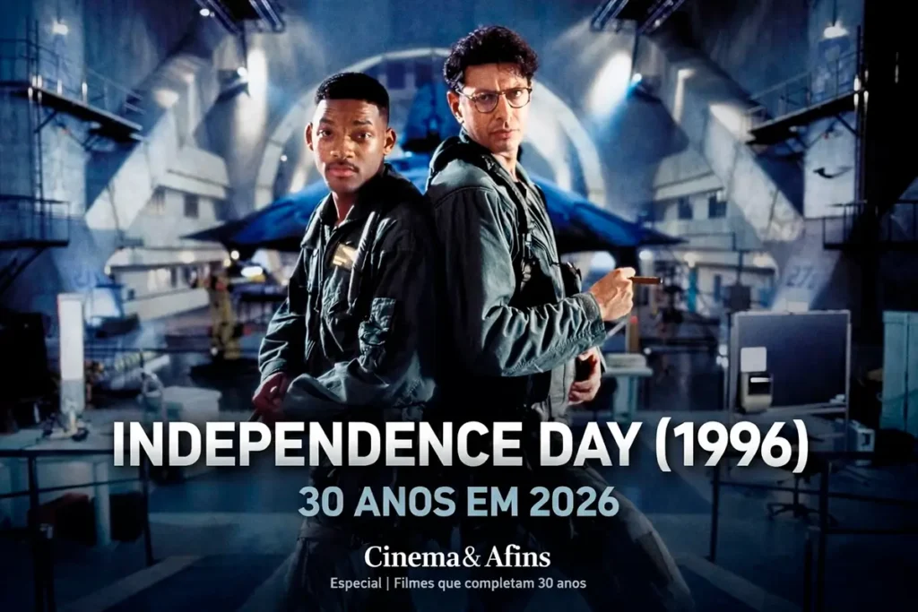 Will Smith e Jeff Goldblum em cena de Independence Day de 1996, filme de ficção científica que completa 30 anos em 2026