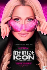 Pôster de “Infinite Icon: Uma Memória Visual” (2026) com Paris Hilton usando óculos futuristas cor-de-rosa; estreia em 29 de janeiro de 2026