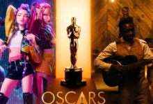 melhor cancao original no oscar 2026 Cena combinada de Guerreiras do K-Pop e Pecadores dividida pela estatueta do Oscar, representando a disputa de Melhor Canção Original no Oscar 2026.